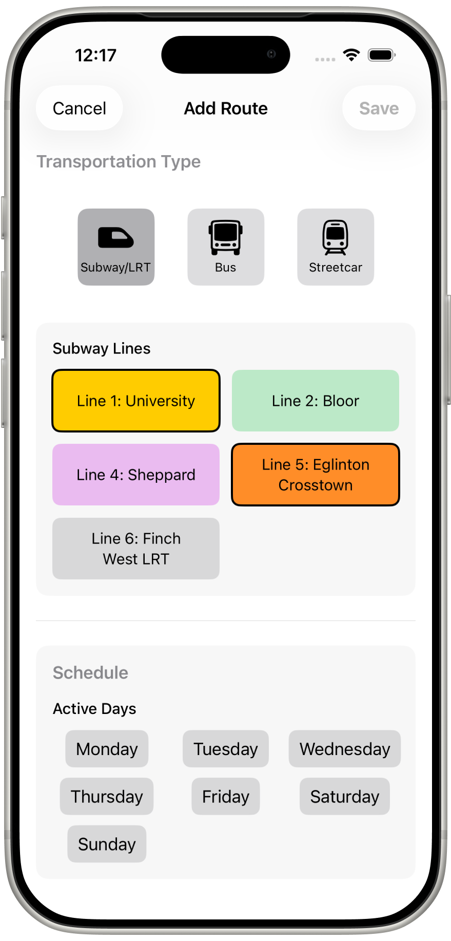 TTC Alerts route preferences shown on iPhone