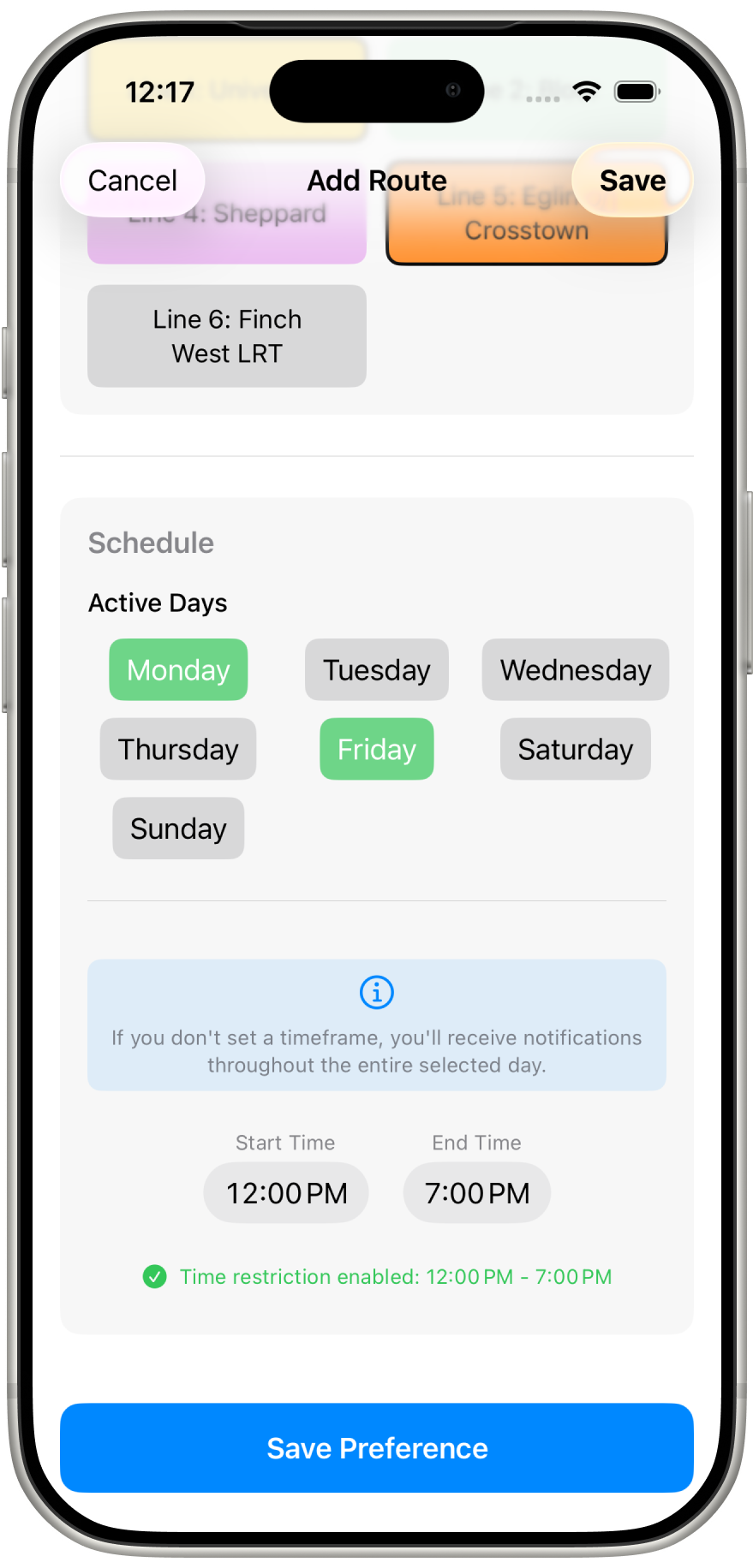 TTC Alerts route schedule shown on iPhone